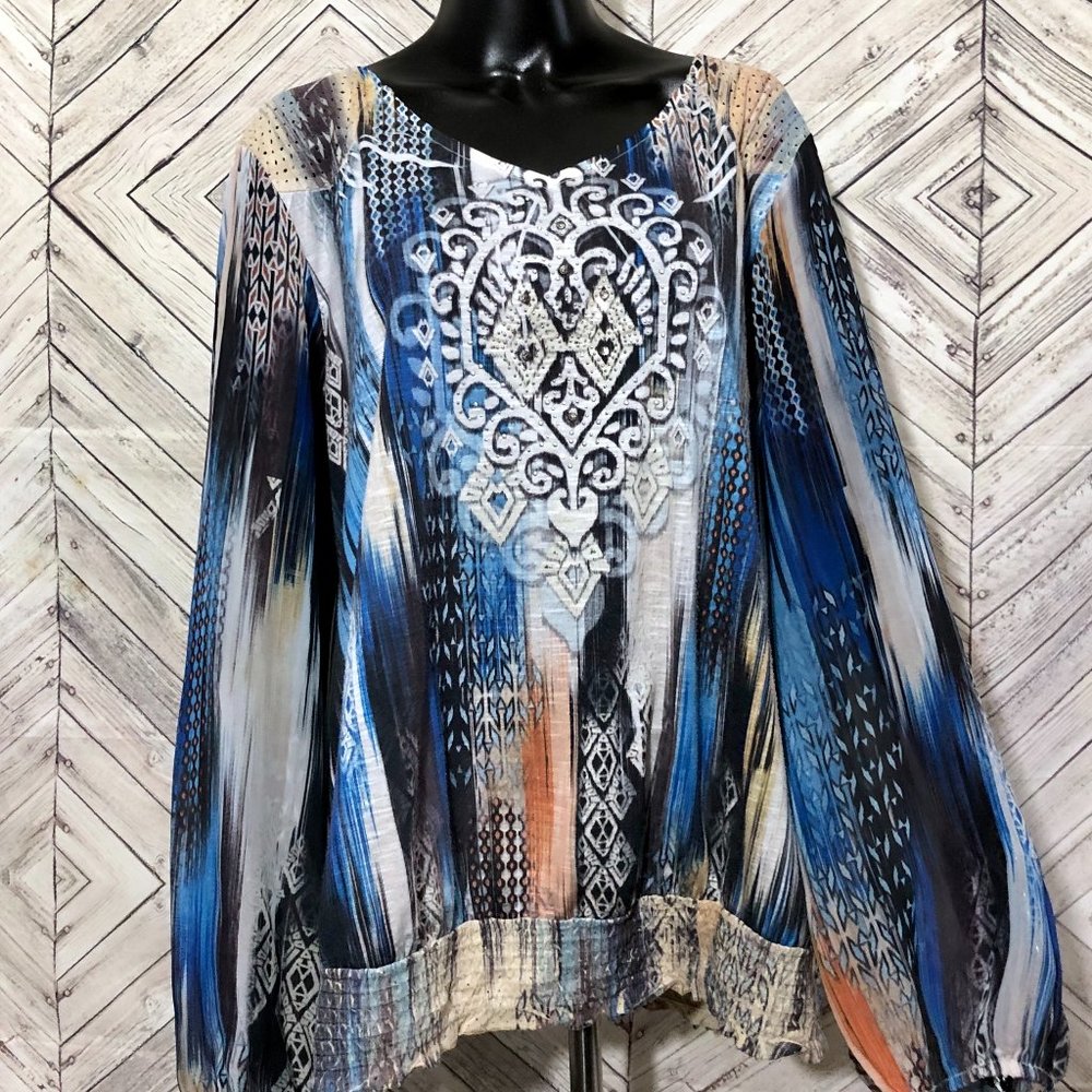 french blue woman 3X abstract tribal blue blouse